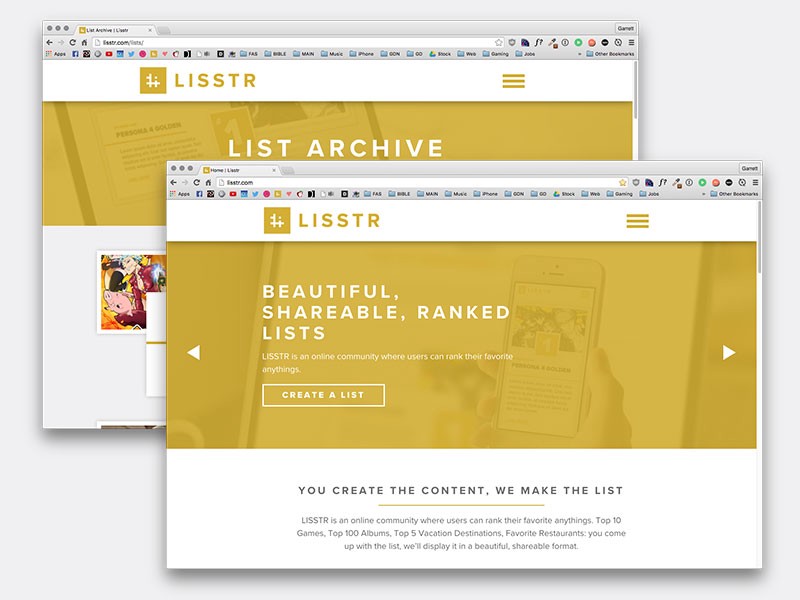 The homepage and List Archive of Lisstr when it launched.