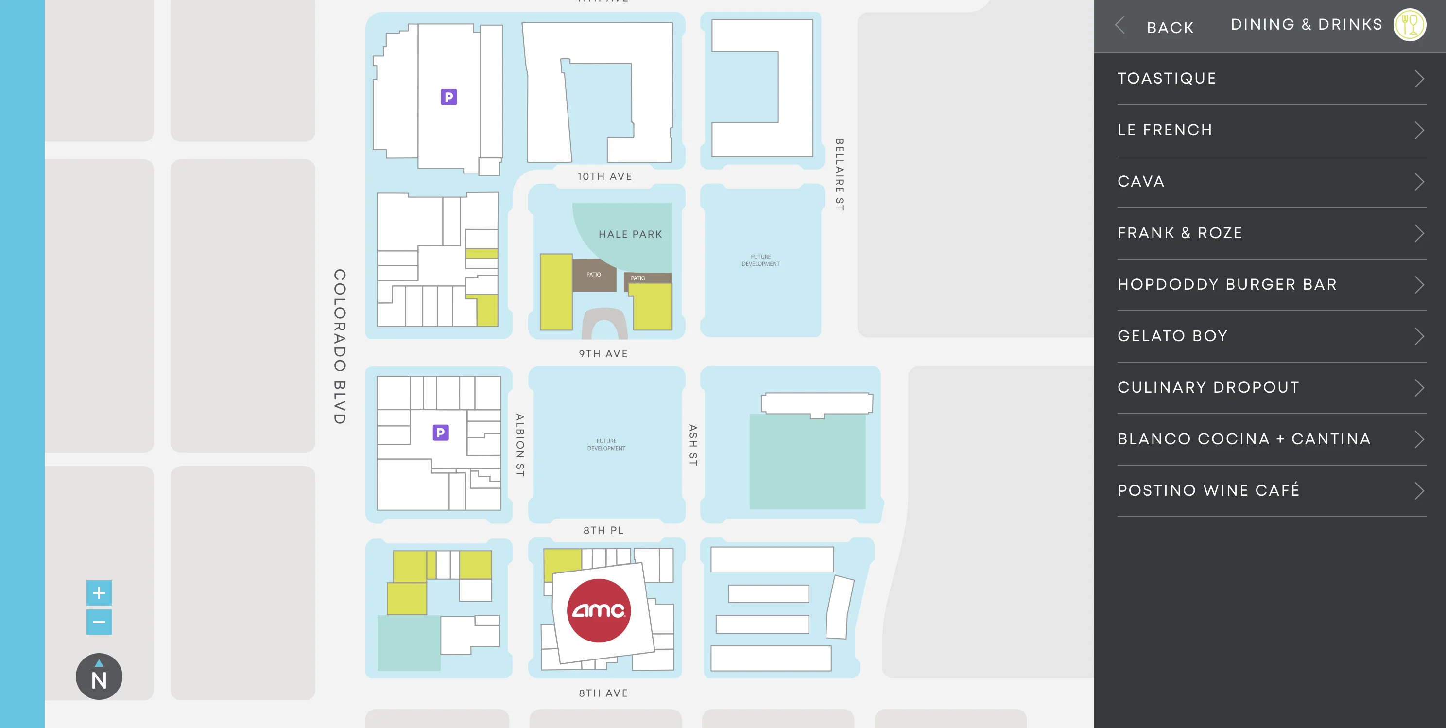 Custom mapping solution by FIREANT built in WordPress for real estate development. Image is interactive and showing available dining options.