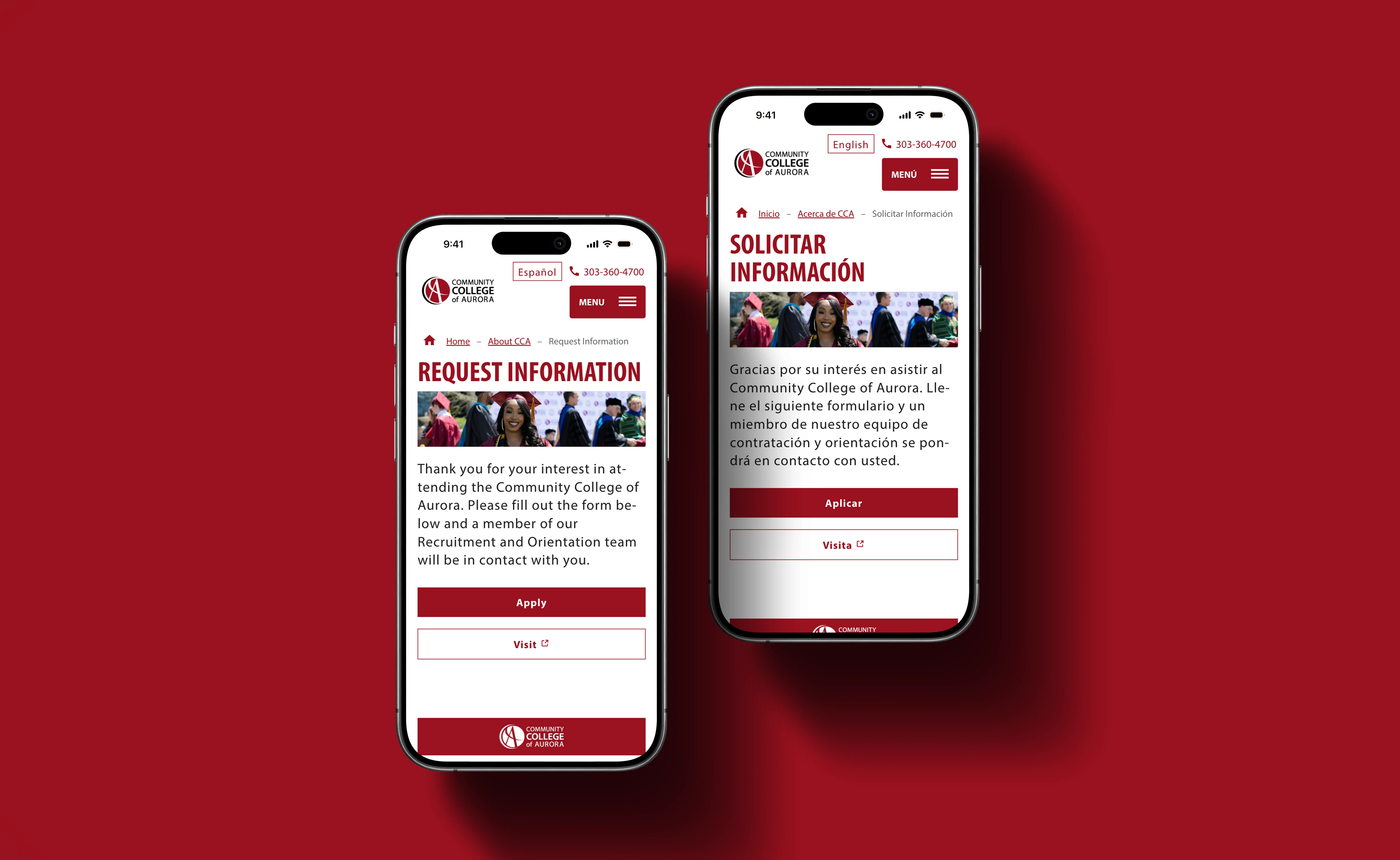 Two phones showing the same web page, one in english and one in spanish