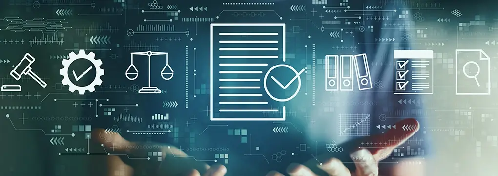 Compliance icons hovering over hands.