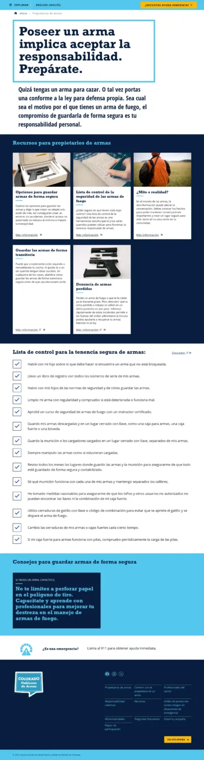 Screenshot of Lets Talk Guns Colorado custom WordPress Campaign website Spanish translation version