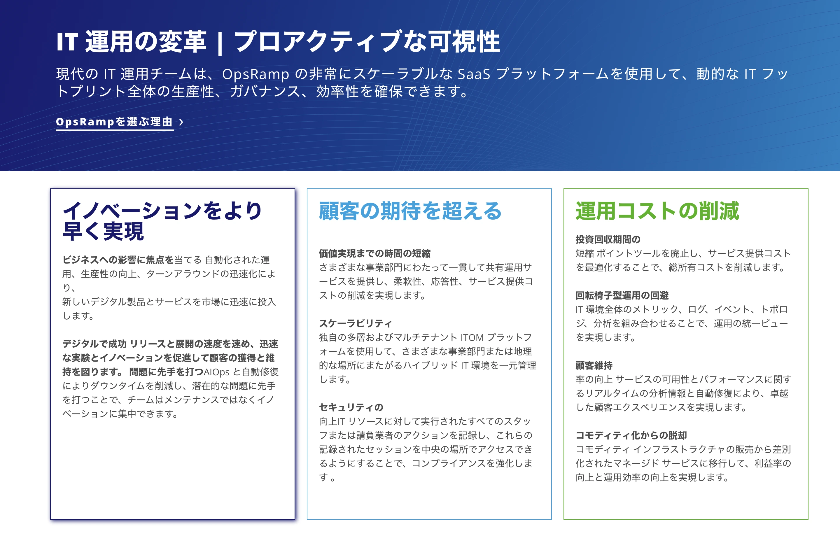 Interior page for OpsRamp's WordPress website showcasing the multilingual capabilities.