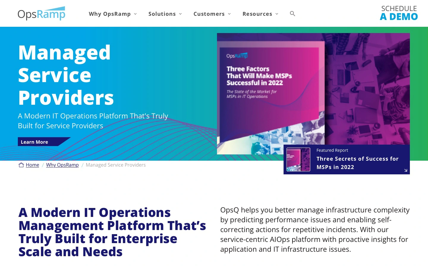 Interior page for OpsRamp's WordPress website.