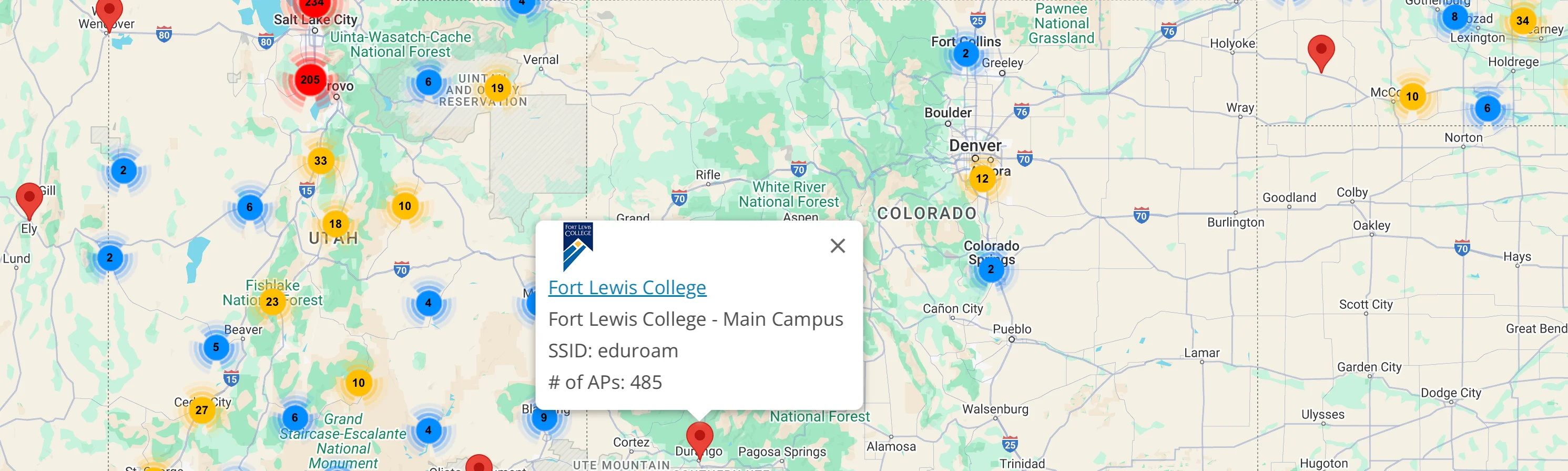 Screenshot of accessible mapping solutions to highlight higher education institutions using Google maps.