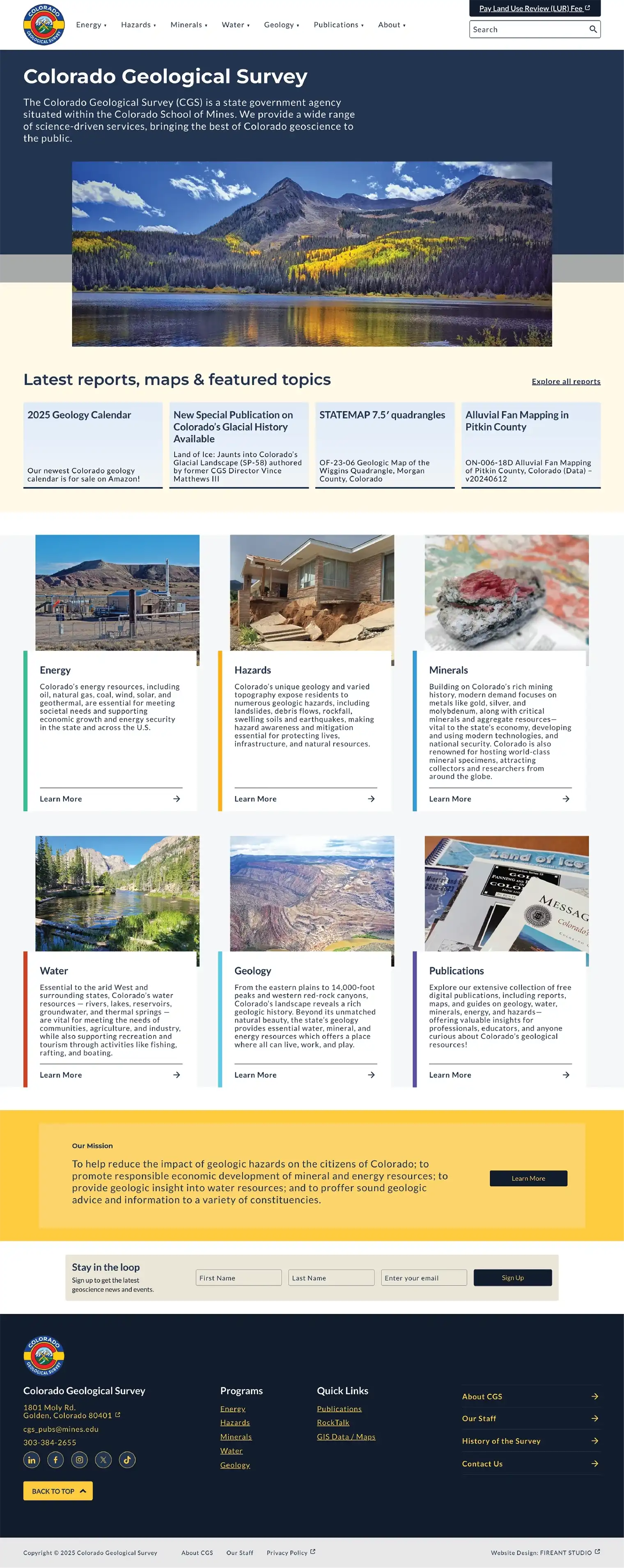 Accessible website design and development showing the homepage of Colorado Geological Survey's WordPress website.
