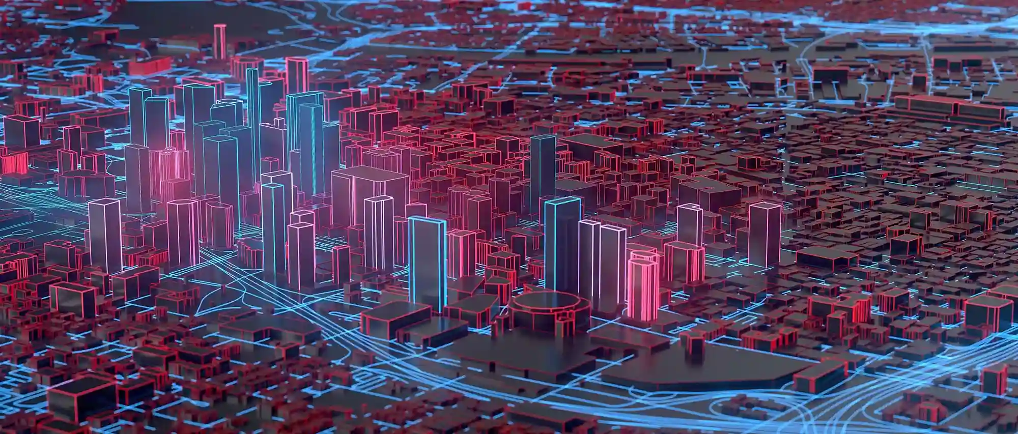 Abstract 3d city map with glowing red and blue neon lines.
