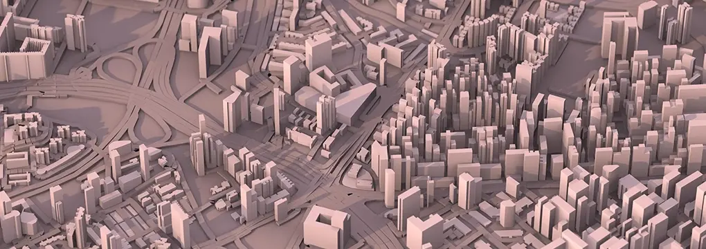 Generic 3d rendered city map viewed from above.