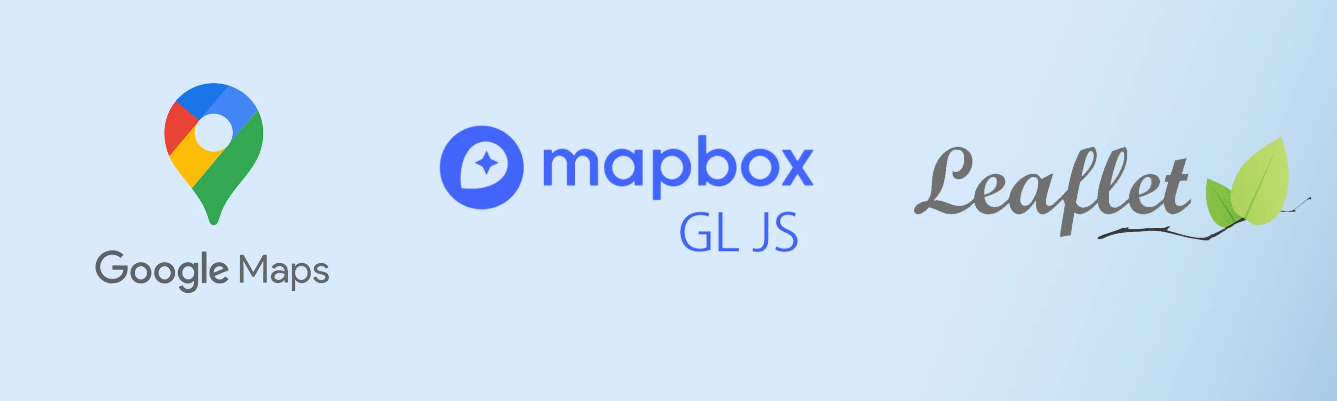 Logos of map solution providers Google maps, Mapbox, Leaflet JS.