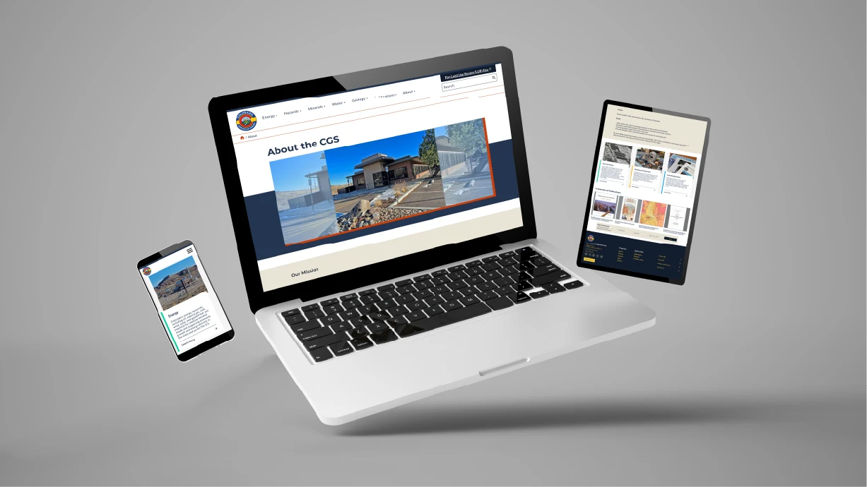 Mobile first, responsive screenshots on laptop, tablet, mobile device for WordPress site for Colorado Geological Survey