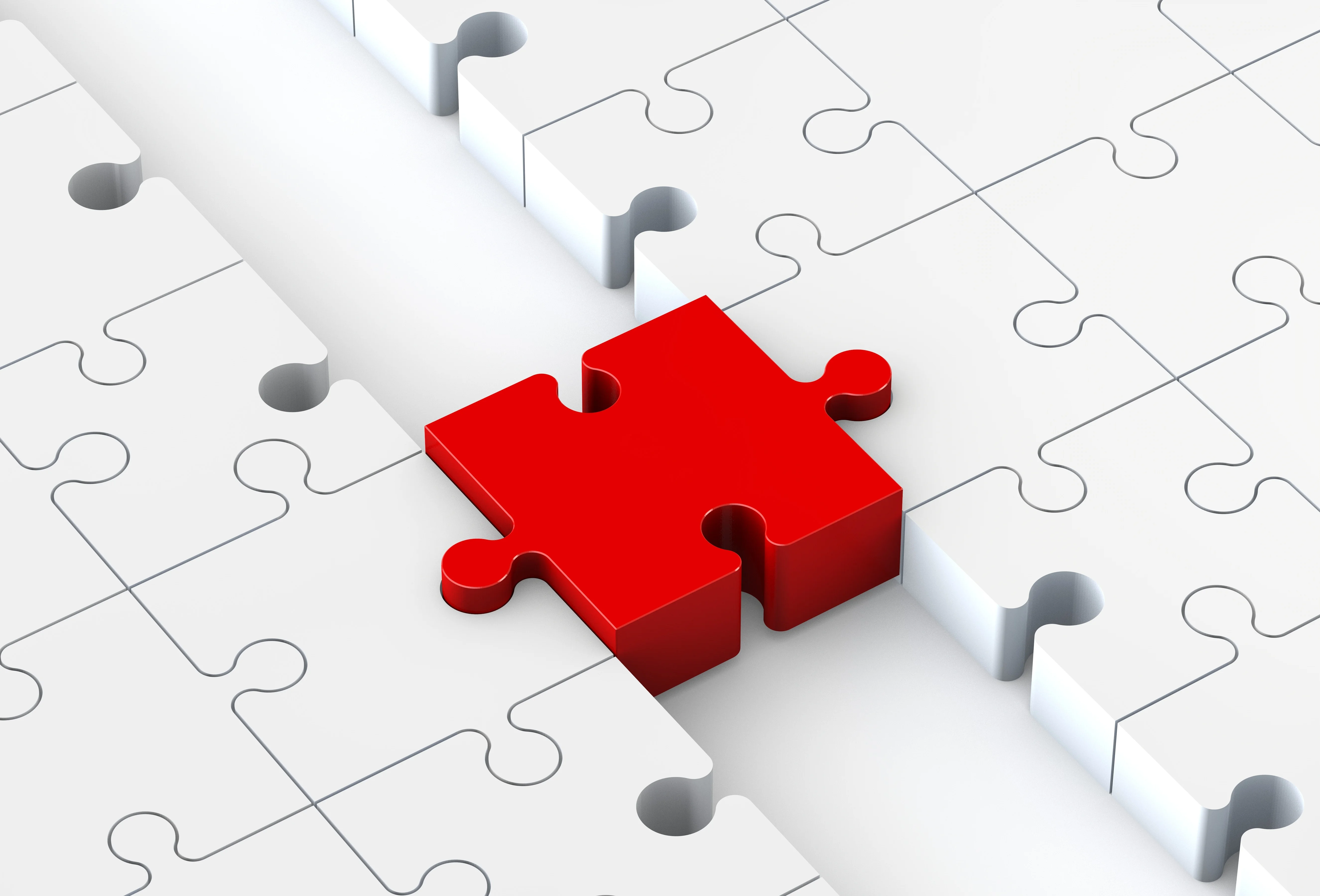 Red puzzle piece connecting white puzzle pieces