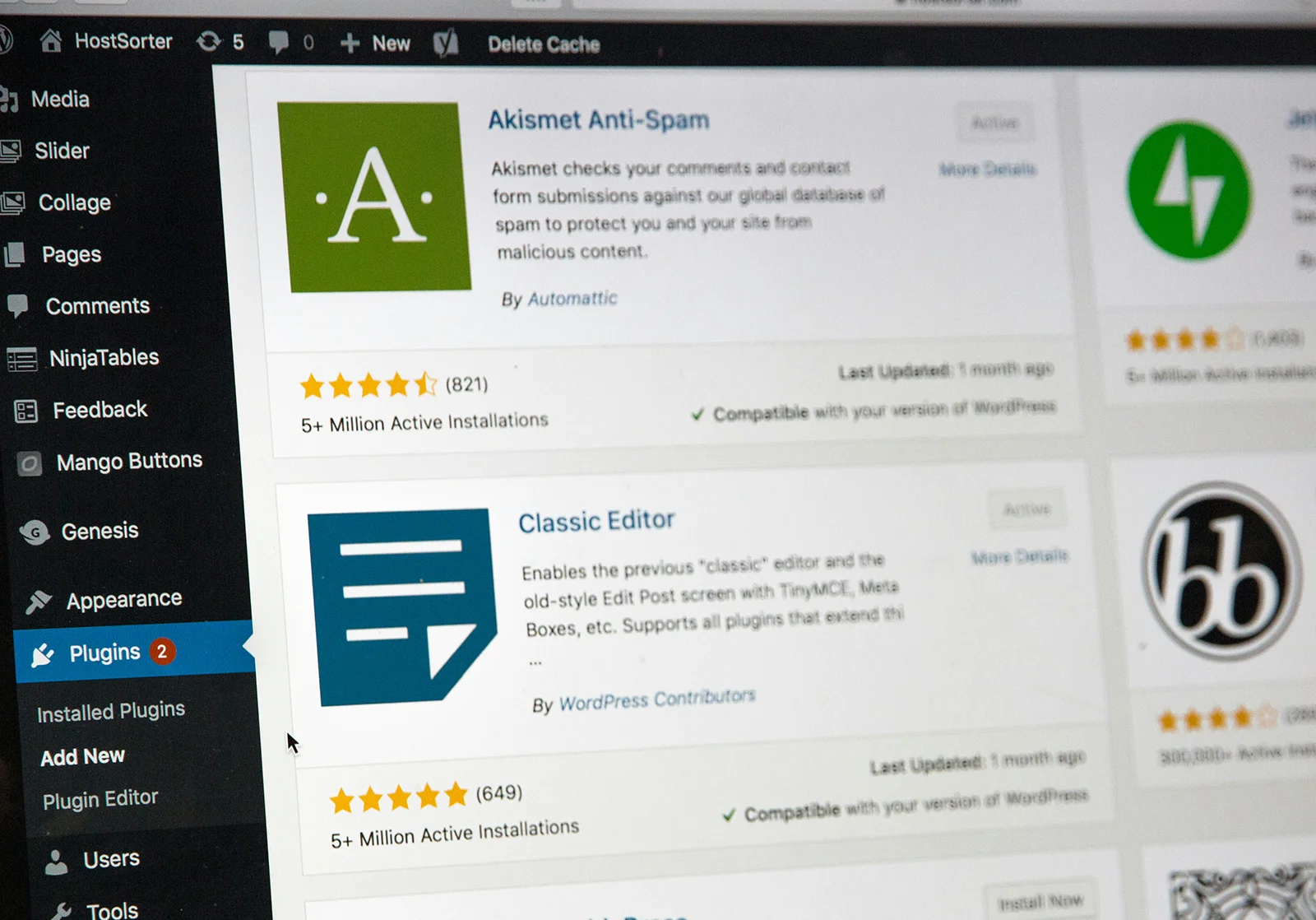 Screenshot of WordPress's administration portal reviewing installed plugins for accessibility
