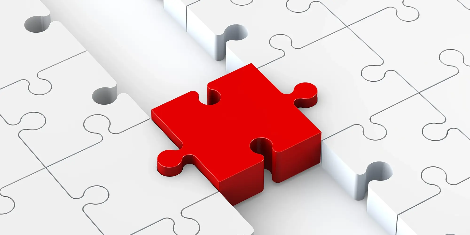 Red puzzle piece connecting white puzzle pieces.