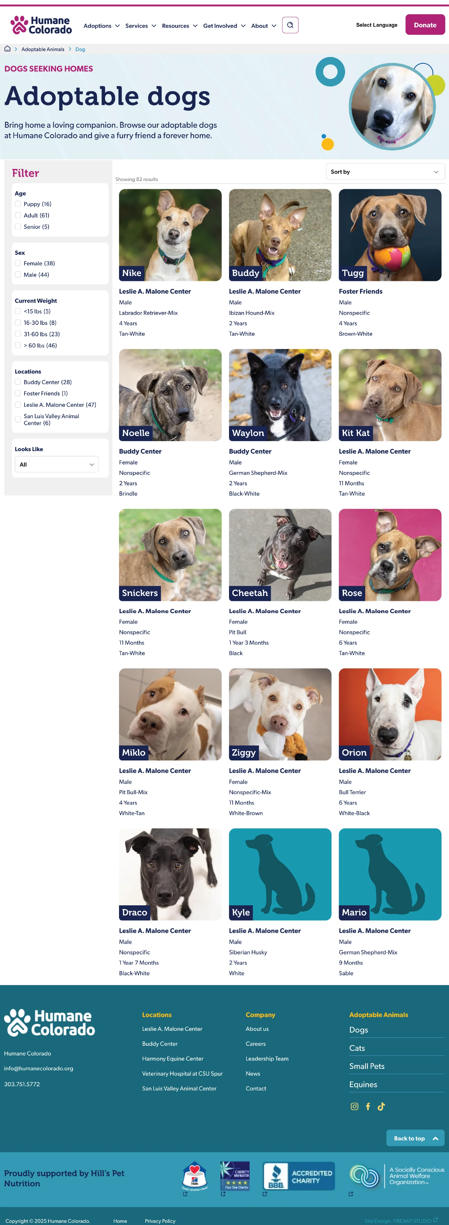 Humane Colorado's website showing the robust search and filtering available for adoptable animals
