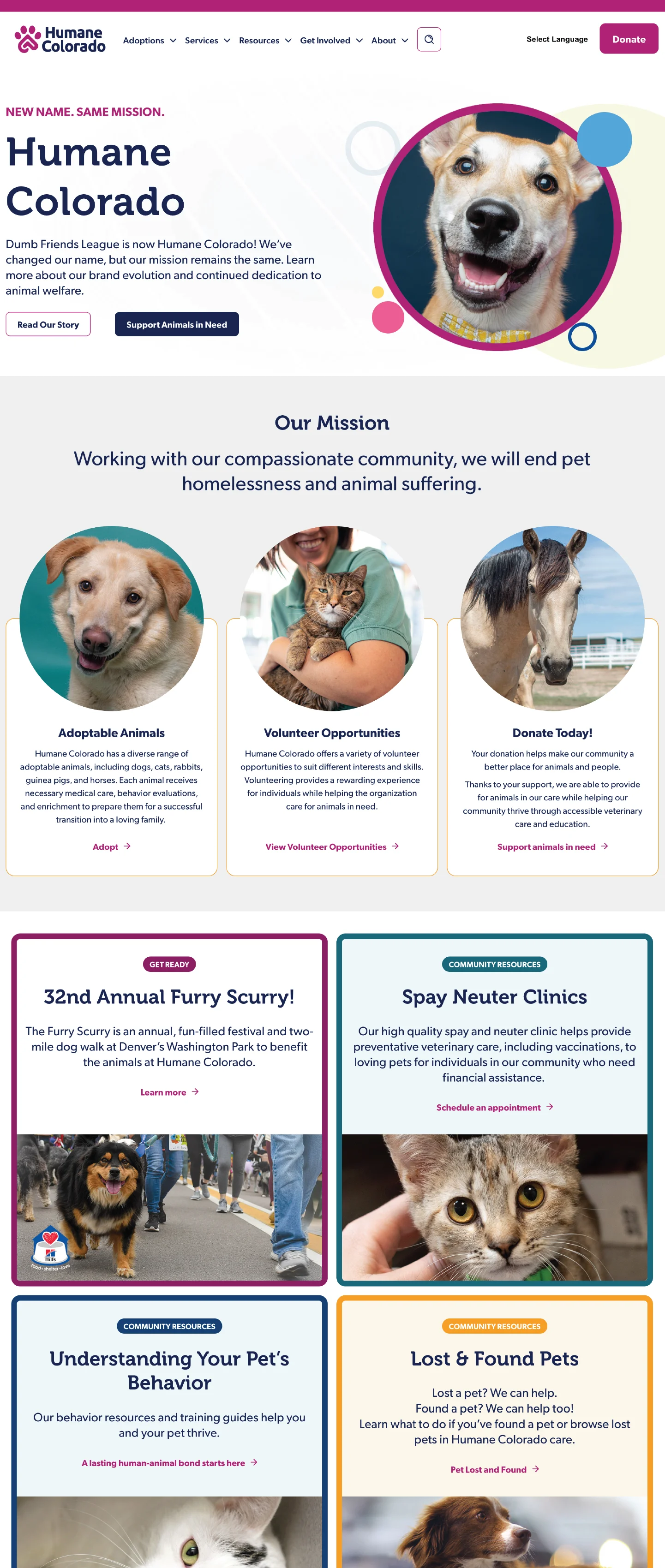 Homepage for Humane Colorado's custom WordPress website