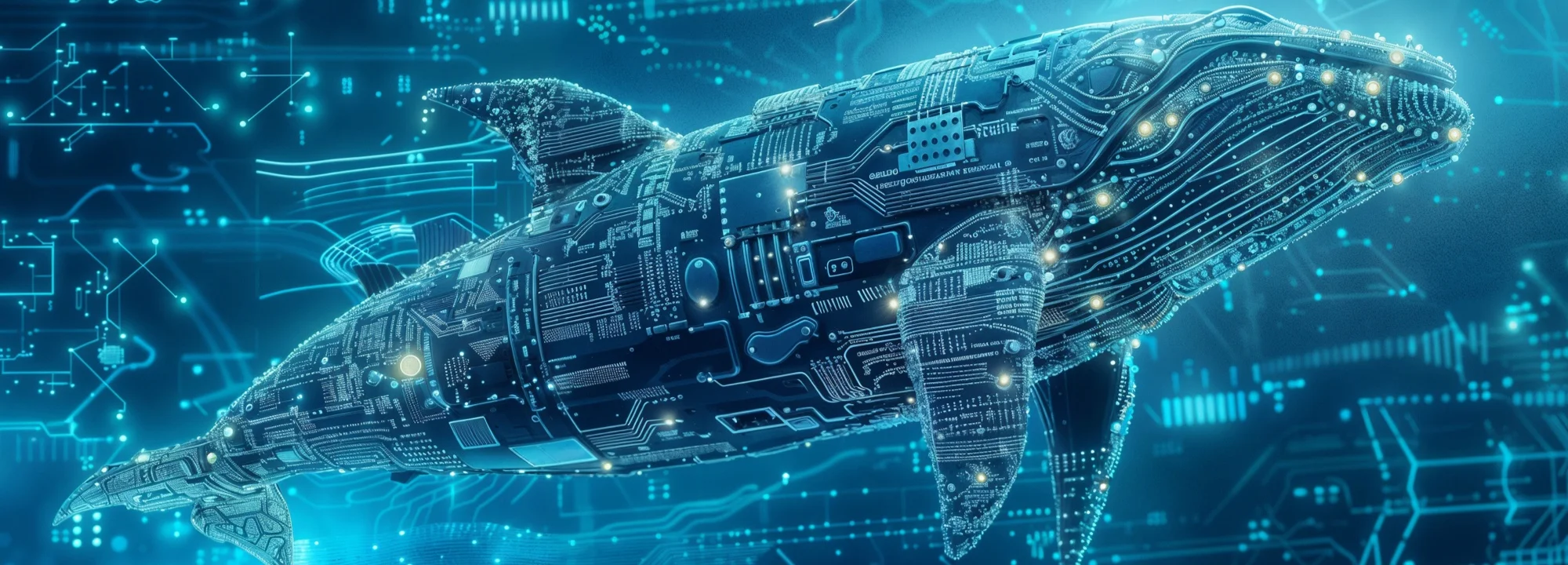 A digital whale constructed from circuit boards and glowing nodes, representing the convergence of artificial intelligence and web search technology.