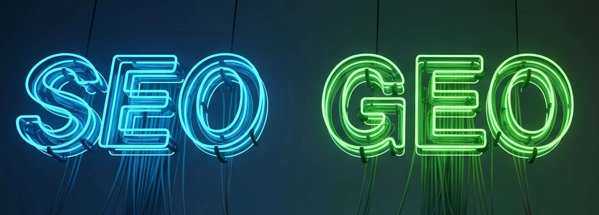 Neon signs displaying SEO in blue and GEO in green side by side, illustrating the relationship between traditional search engine optimization and generative engine optimization for AI search.